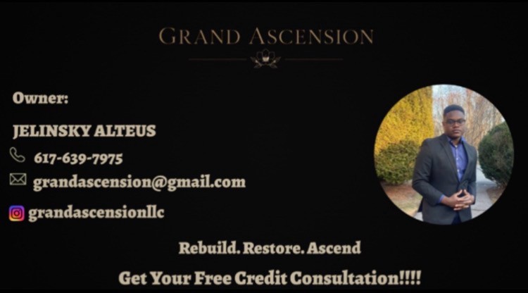 Grand Ascension business card. Credit dispute strategies in Massachusetts. Free 30-minute consultation. Text CREDIT to 617-639-7975.